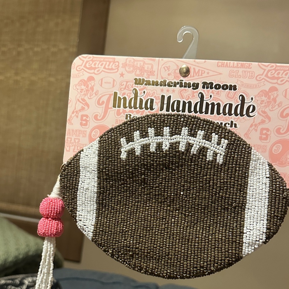 Brown and White Beaded Football Pouch